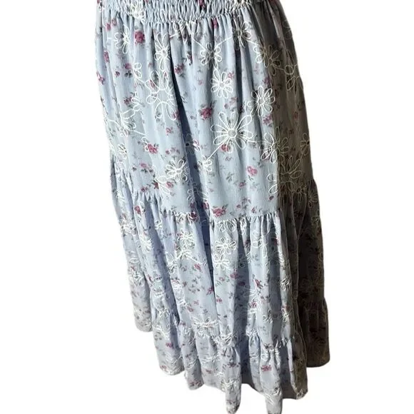 JessaKae women’s xxs blue tiered maxi dress floral smock puff sleeve princess - Picture 3 of 5